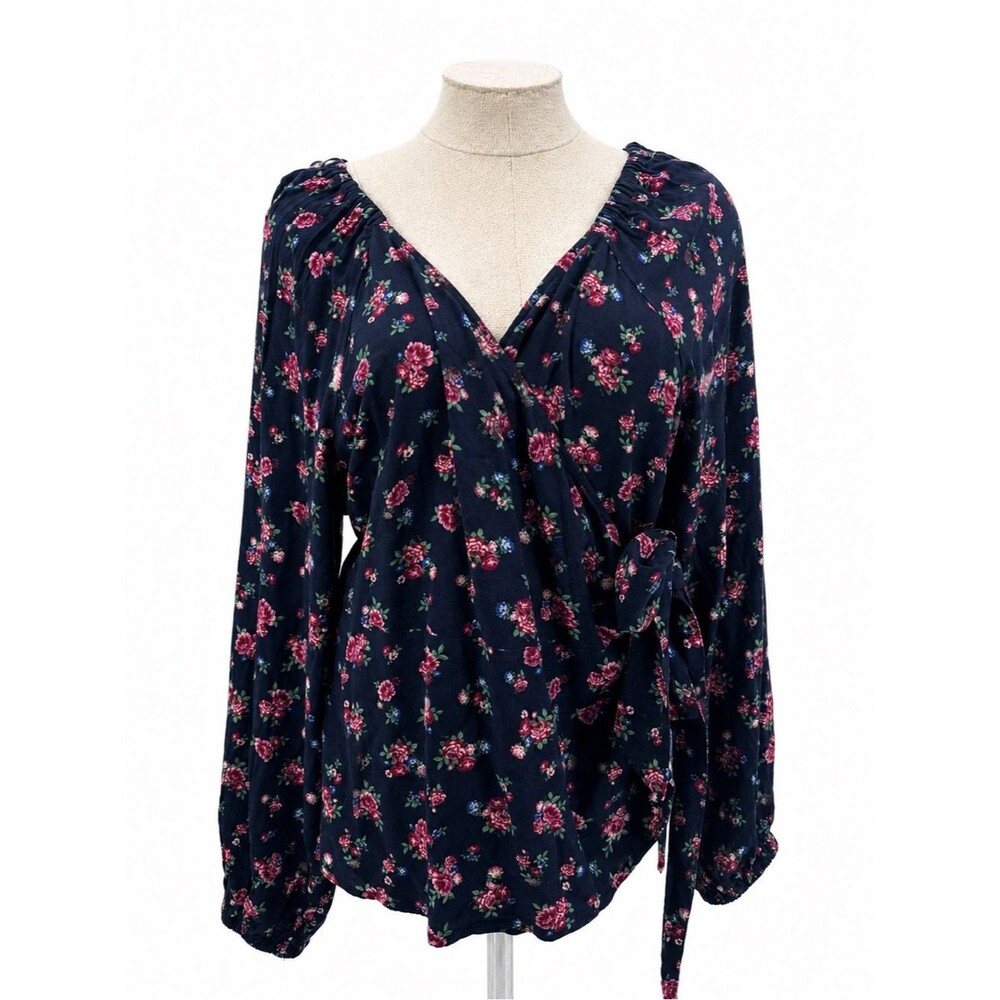 Old Navy Floral Wrap Top Blouse Size XL Smocked Rayon Blue Pink